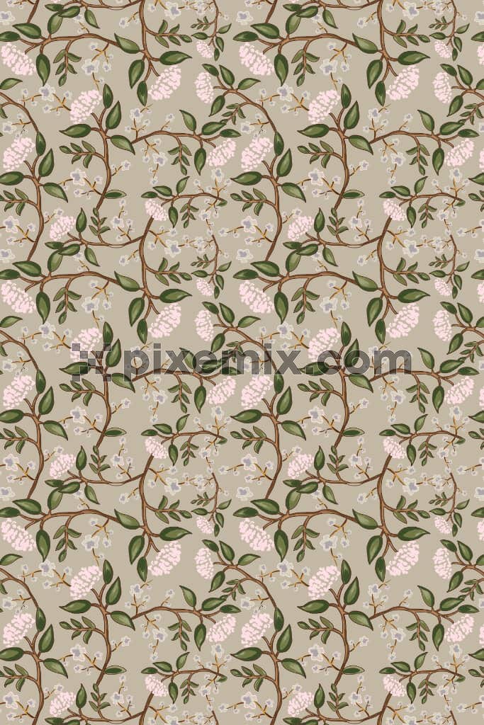 Hand drawn florals and leaves product graphic with seamless repeat pattern