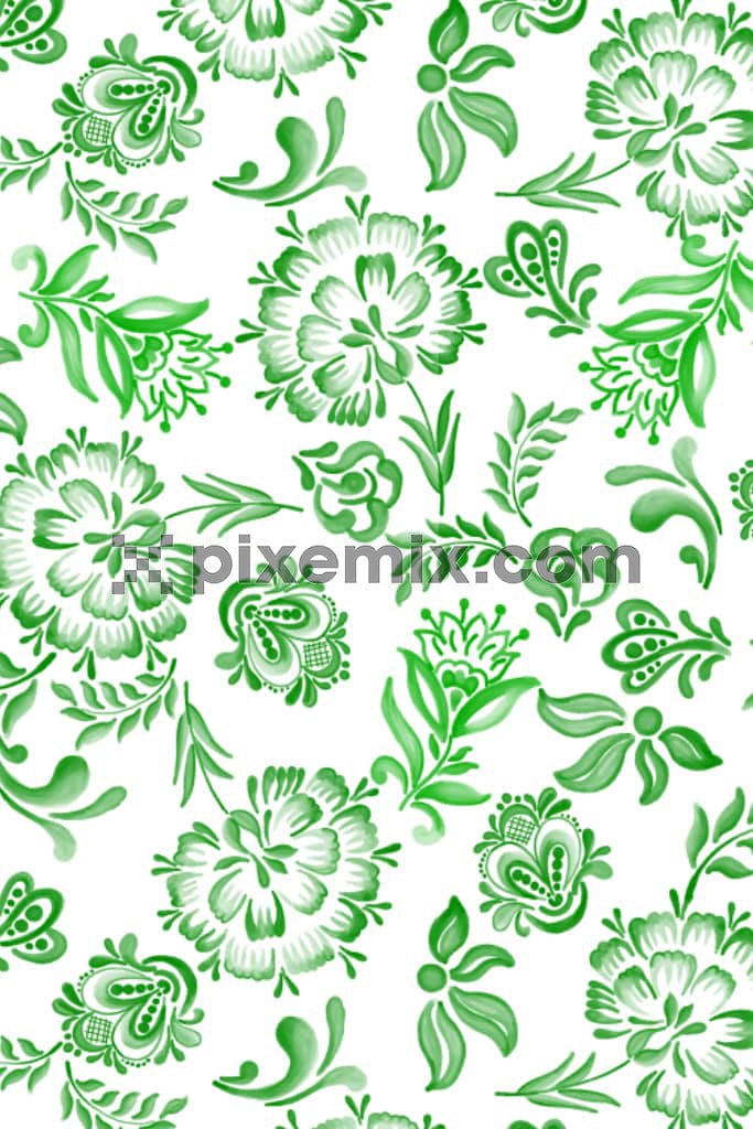 Watercolor florals and leaves product graphic with seamless repeat pattern