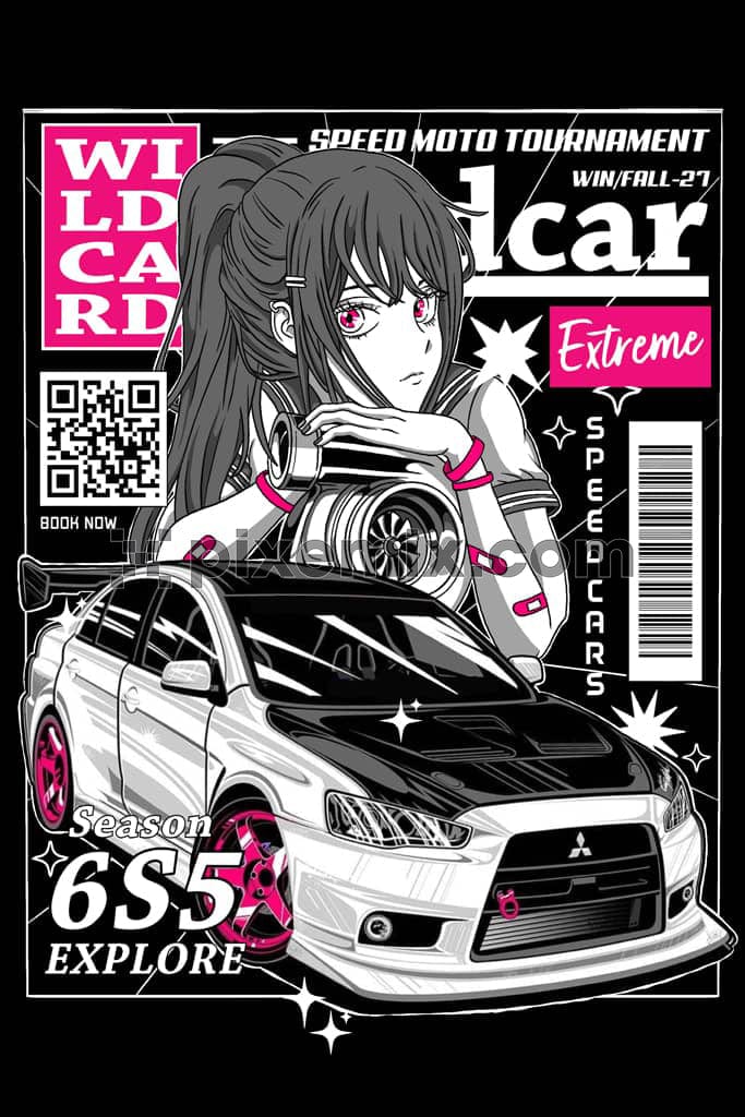 A hand drawn product graphic featuring a manga and a car along with typography