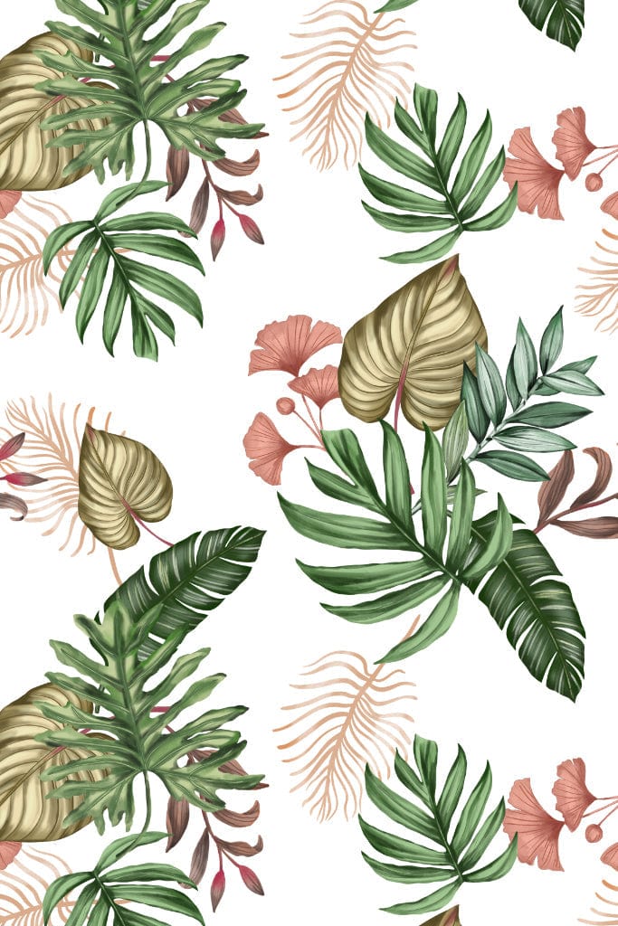 A hand made illustration featuring Digital tropical florals and leaves product graphics with seamless repeat pattern