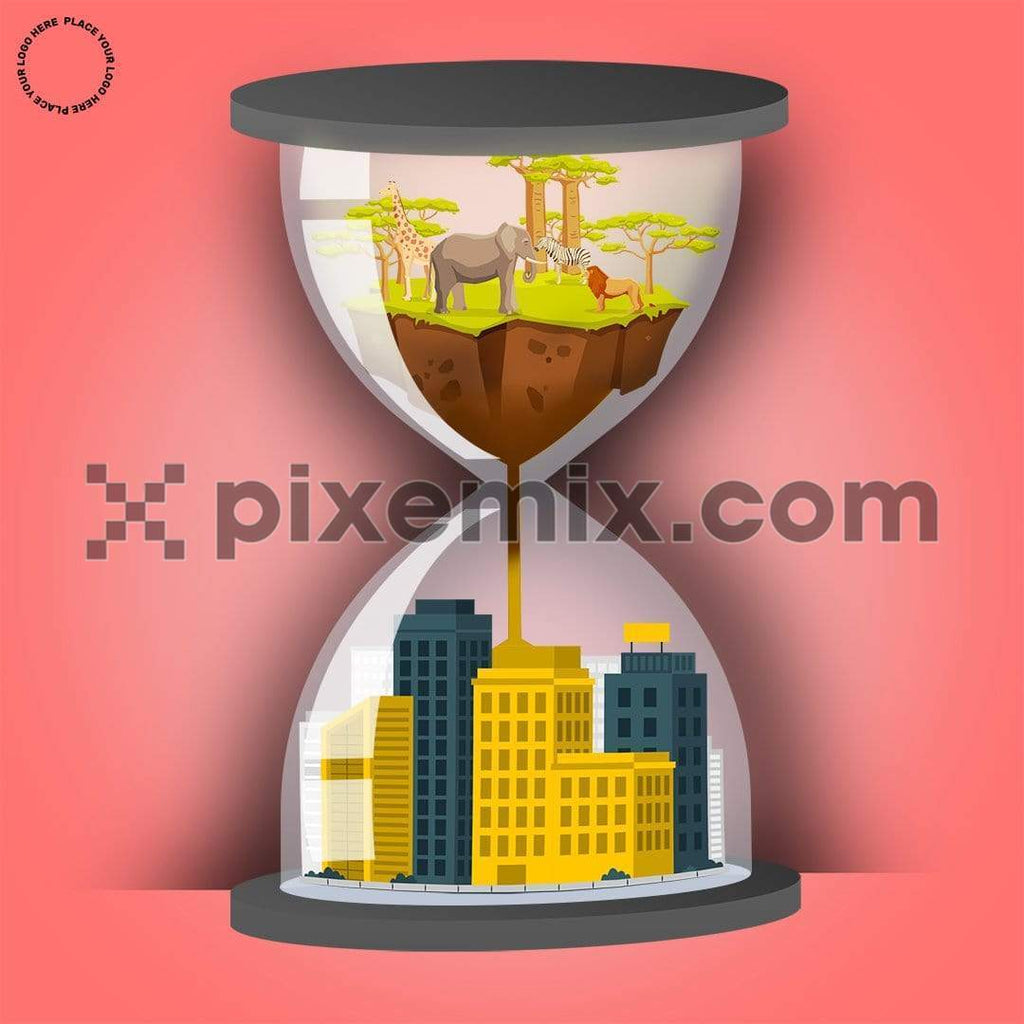 Sand hourglass countdown to global problems with cityscape image social media static post