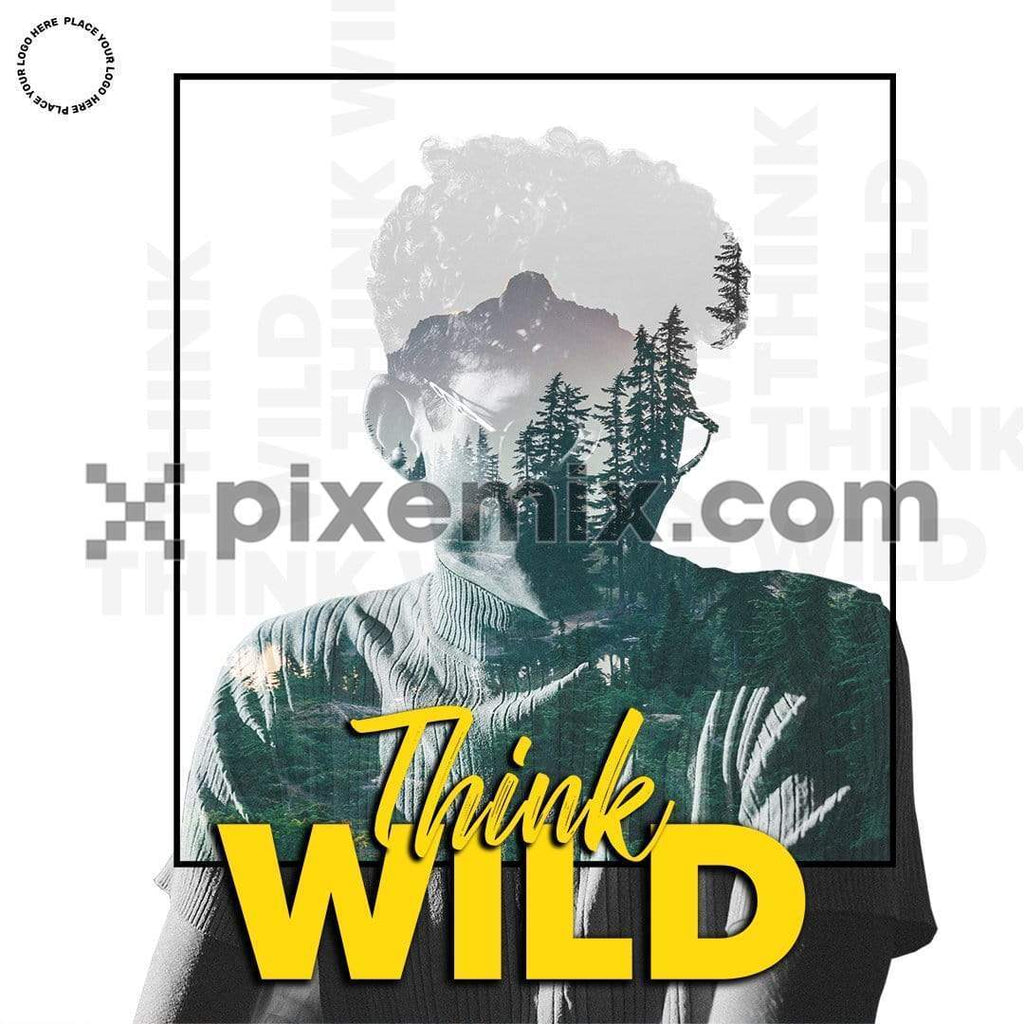 Double exposure portrait of a thoughtful man combined with a photograph of green forest landscape social media static post