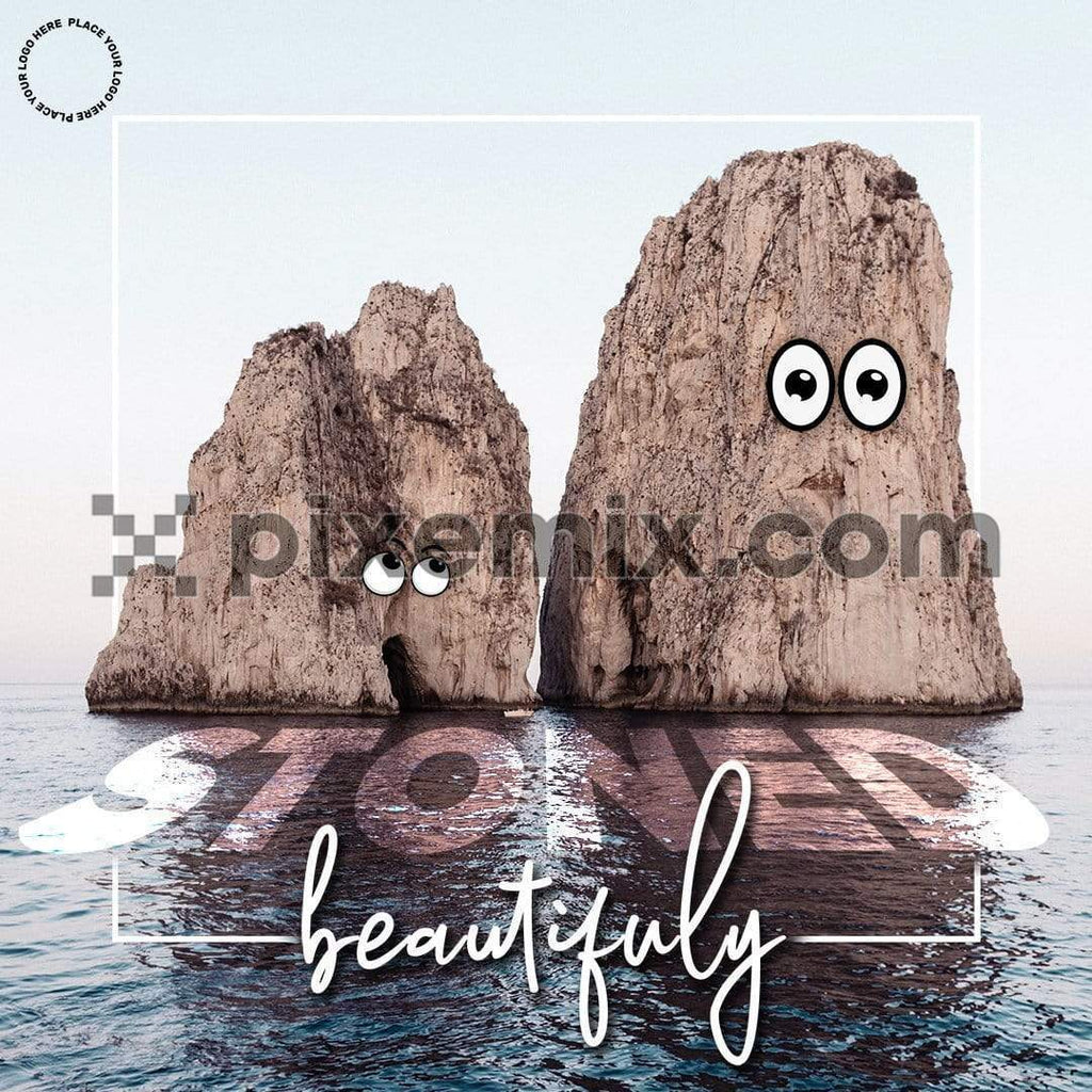 Seascape with big stones, and quirky typo with cartoon look social media static post