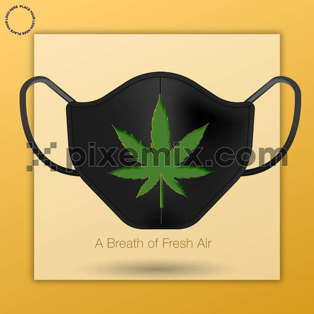 Green weed leaf on a black face mask with quirky typo social media static post