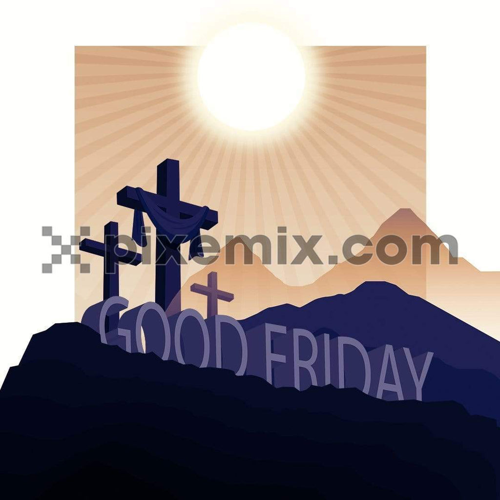 Calvary crucifixion with the sun on the top and 3d typography social media static post