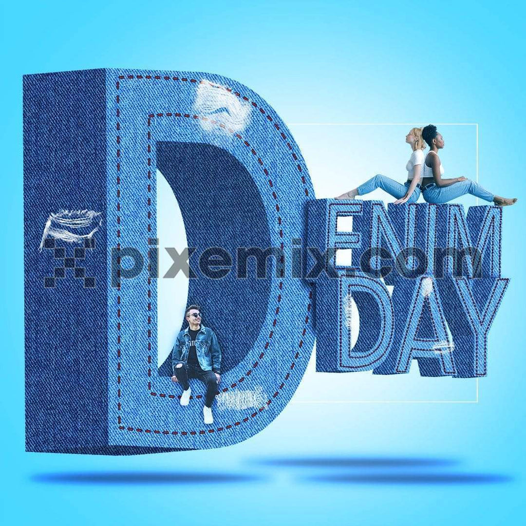 3d floating denim typography with people sitting on it social media static post